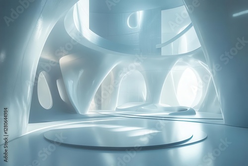 ultramodern abstract space station interior with clean minimalist curves, floating geometric shapes, and soft ambient lighting casting pristine shadows