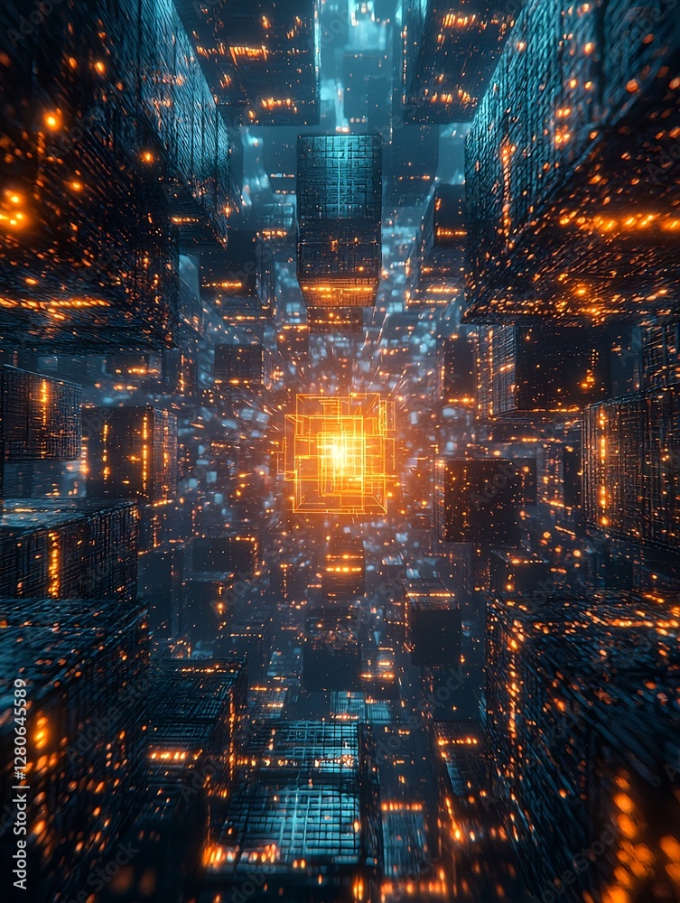 A digital cityscape featuring glowing cubes arranged in a cyberpunk style A digital cityscape featuring glowing cubes arranged in a cyberpunk style