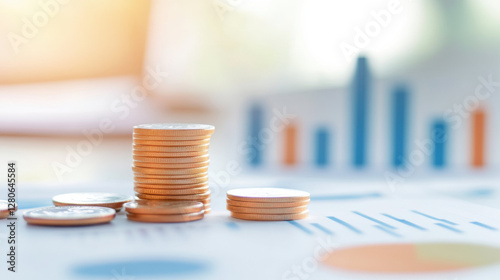 Stacked coins on financial documents with blurred charts in background