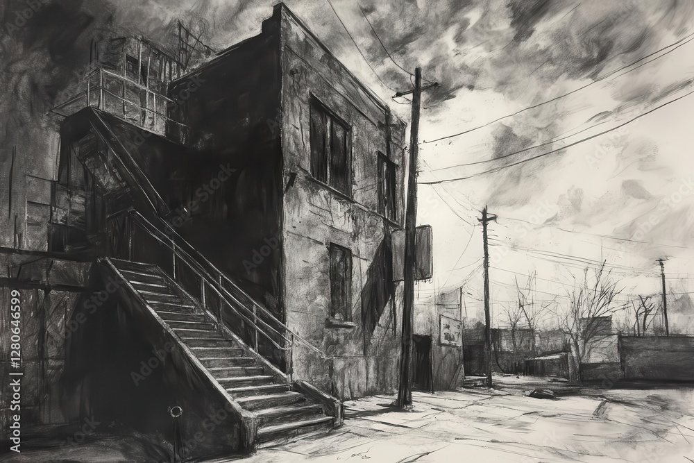 Fototapeta premium urban landscape rendered in dramatic charcoal technique, high contrast, architectural details