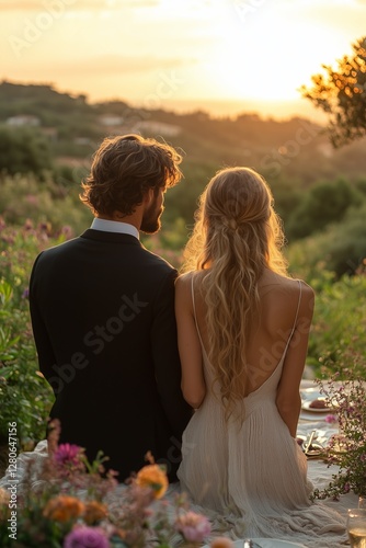 Couple watching sunset during outdoor picnic, embracing nature's beauty.