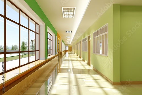 light and clean modern school interior corridor, with natural light from windows  photo