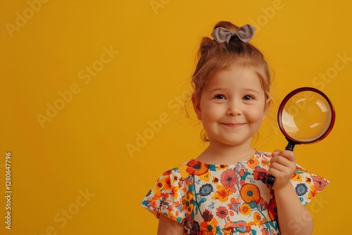 little happy girl curious looking through magnifying glass, located in the right side of the composition, yellow background. 