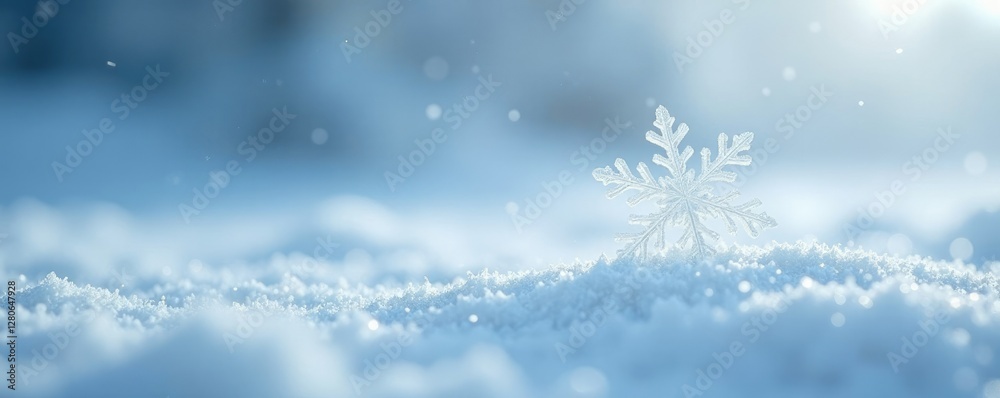 A delicate snowflake floats in a vast white space, stillness, frosty scene A delicate snowflake floats in a vast white space, stillness, frosty scene