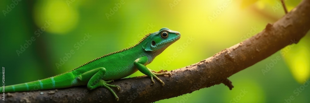 Fototapeta premium An emerald lizard is seen basking in the warm sunlight on a tree branch, lizard, scenery, natural