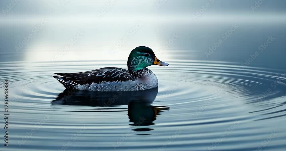 Static shot: A duck floats serenely on calm water as gentle ripples spread outward.