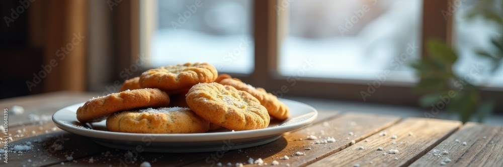 A plate of cooled Levkoy cookies on a wooden table with a winter landscape through the window behind, winter, table A plate of cooled Levkoy cookies on a wooden table with a winter landscape through the window behind, winter, table