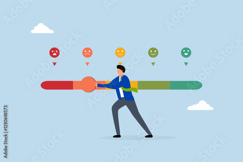 Dissatisfaction, man pushing rating bar to dissatisfaction level.