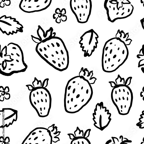 Hand Drawn Strawberry Seamless Pattern. Naive Art Drawning.
