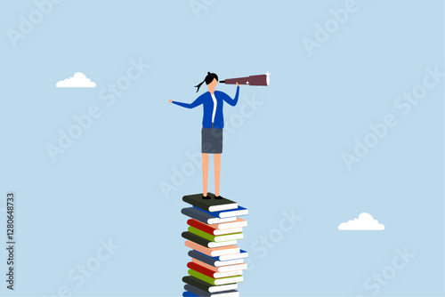 Book to help career advancement, businesswoman leader peers through telescope atop tall stack of books. 
