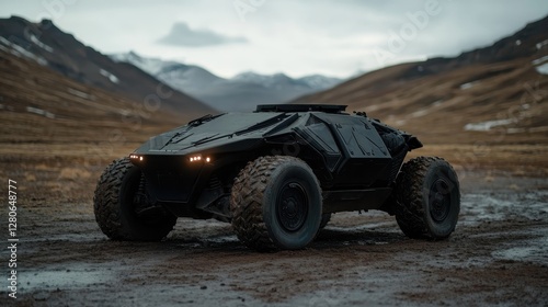 A sleek, black all-terrain vehicle navigates a rugged mountain landscape, presenting an image of adventure, exploration, and modern engineering against a dramatic backdrop. photo