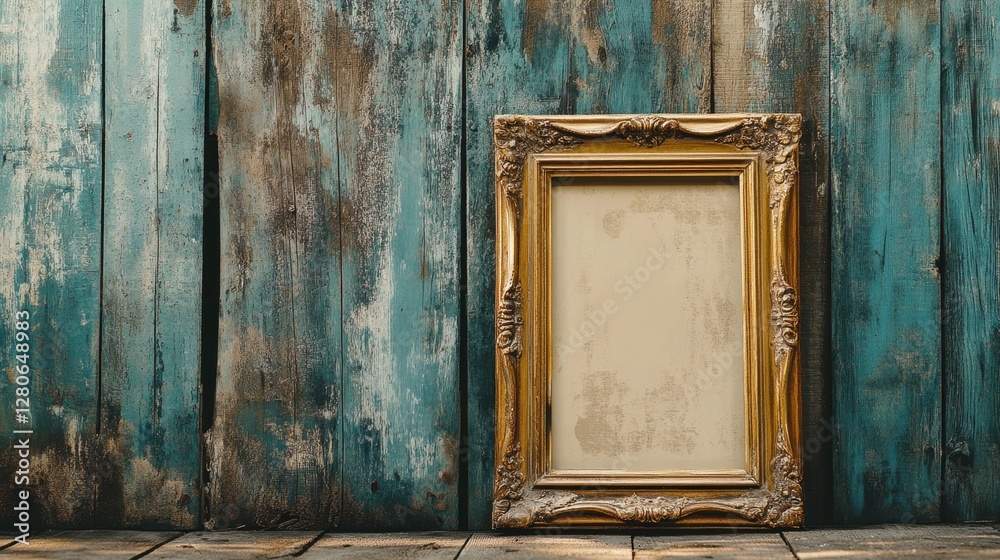 An ornate golden picture frame stands against a weathered blue wooden backdrop, creating a vintage and artistic atmosphere. An ornate golden picture frame stands against a weathered blue wooden backdrop, creating a vintage and artistic atmosphere.
