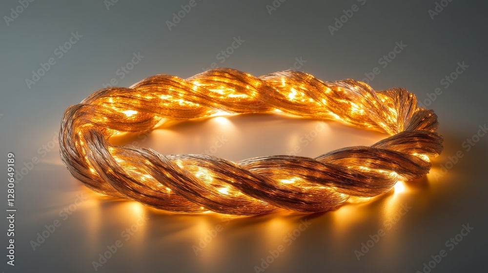 Twisted glowing rope, warm light, golden shine, braided light, circular glow Twisted glowing rope, warm light, golden shine, braided light, circular glow