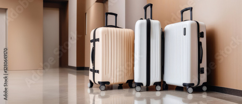 Luggage of tourists waiting for check-in at hotel reception. Travel, vacation, holiday, stay concept