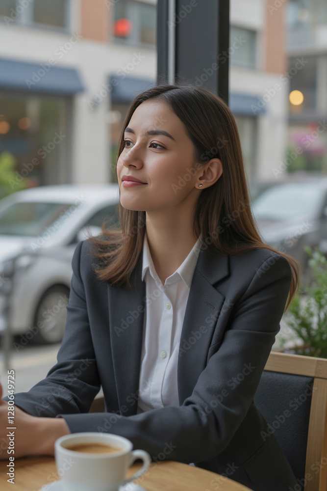 Obraz premium Medium shot of the businesswoman sitting at a café table with her coffee cup in hand, looking out the window