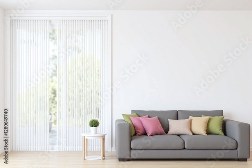 Modern living room with white sofa wooden frame and green area rug