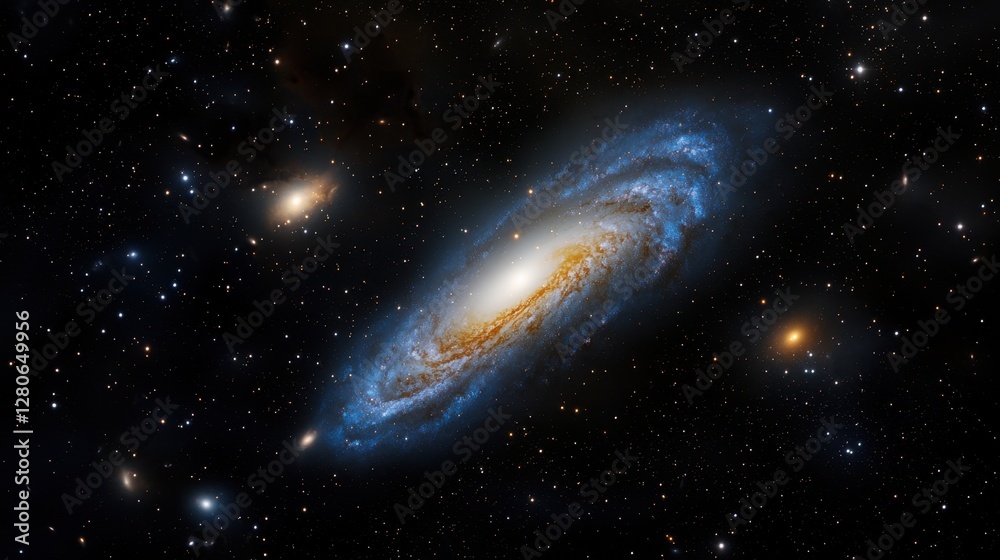 Fototapeta premium A stunning spiral galaxy spins in the depth of space, showcasing swirling blue and gold hues. Nearby, several smaller galaxies add to the cosmic scene under a blanket of stars