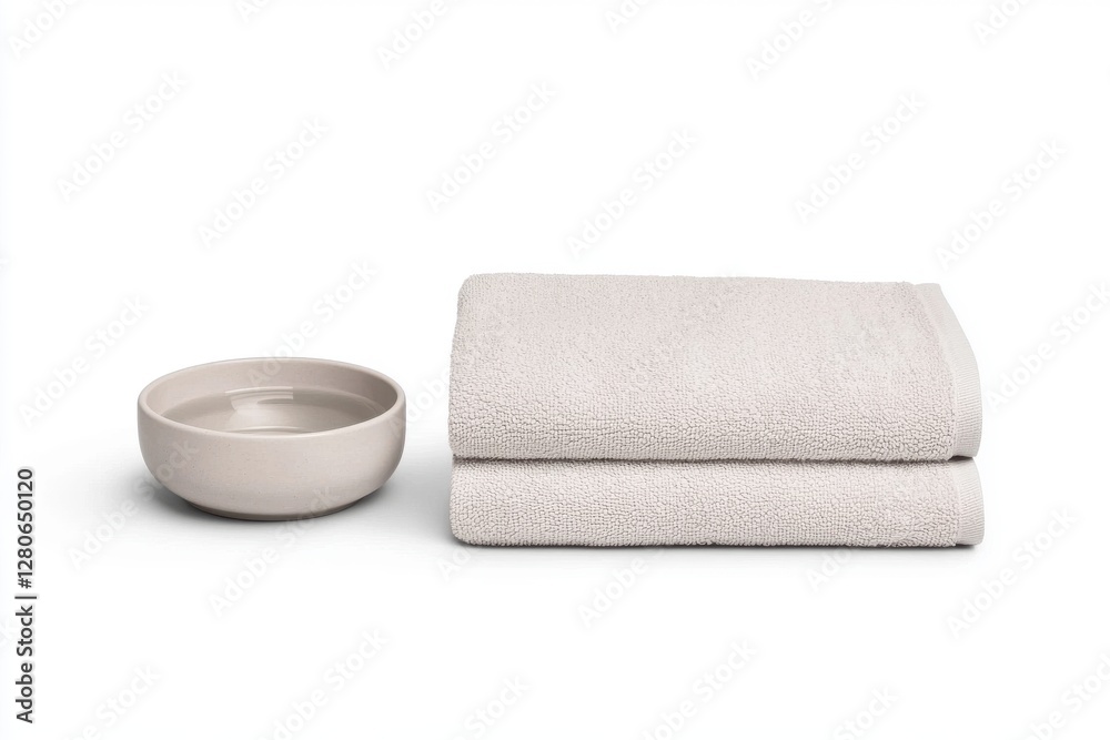 Fototapeta premium Unwinding serenity soft gray towels and minimalist bowl in tranquil bathroom setting still life calm atmosphere close-up view