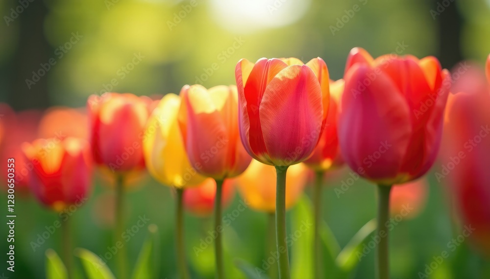 Colorful tulips sway gently in the spring breeze, colorful, spring
