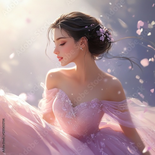 Elegant lady in pink dress, spring blossoms, soft light, portrait photo