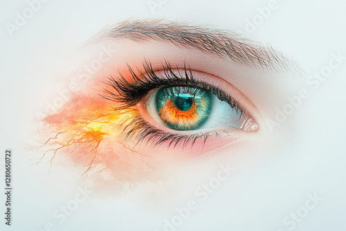 Softly blurred environment receding in pastel peaches and blues, leading to a hyper-realistic eye photo