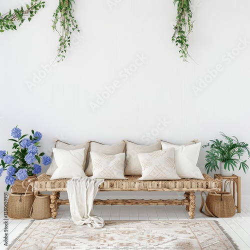 A cozy living room with a wooden bench. pillows. a blanket. and a rug