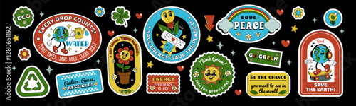 Earth sticker. Eco character. World day. Retro style environment. Y2K planet with flower. Green globe with cute smile face. Recycle label. Peace save badge. Renewable energy. Vector cartoon icons set