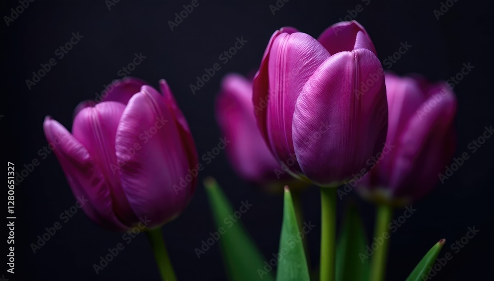 Delicate petals of purple tulips unfold against a dark, glossy background, color palette, botanical, isolated flowers Delicate petals of purple tulips unfold against a dark, glossy background, color palette, botanical, isolated flowers