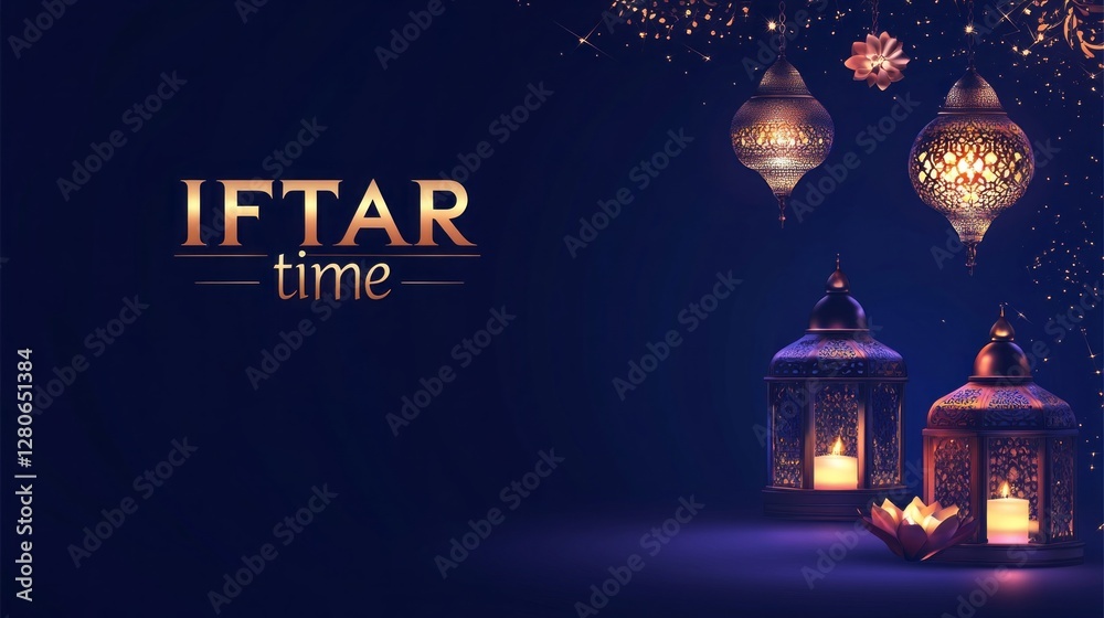 Soft golden lanterns cast a warm glow as the elegant text iftar time invites individuals to gather. A serene atmosphere emerges, perfect for sharing moments of joy and reflection Soft golden lanterns cast a warm glow as the elegant text iftar time invites individuals to gather. A serene atmosphere emerges, perfect for sharing moments of joy and reflection