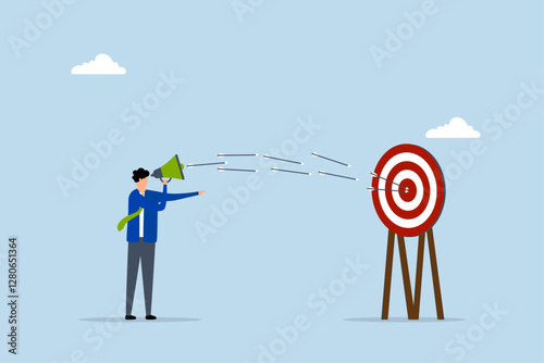 Communicate, entrepreneur promoter speaks through megaphone as archer strikes target bullseye. 