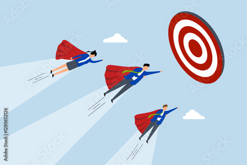 Team target, business people superhero fly to reach target bullseye.