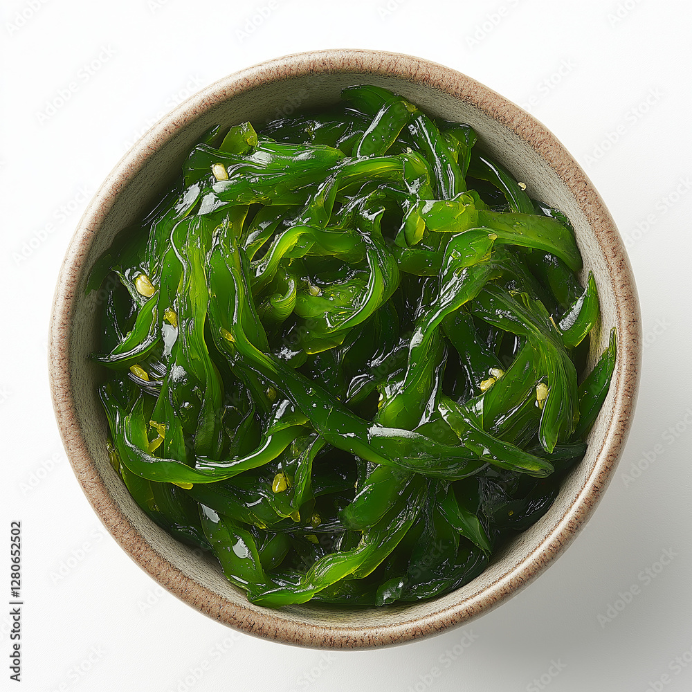 Bowl of green Seaweed food with a white background. The bowl is made of ceramic and is filled with green alternative healthy food