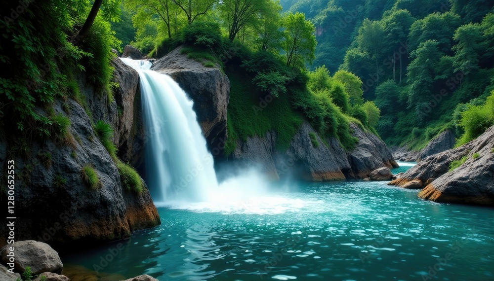 Emerald waters cascading down rocky cliffside, water, mountain, fall Emerald waters cascading down rocky cliffside, water, mountain, fall