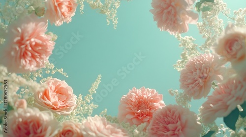 Wallpaper Mural A vibrant arrangement of coral roses and delicate white flowers against a soft turquoise backdrop, creating a serene and romantic atmosphere. Torontodigital.ca