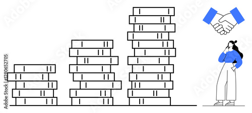 Stacked coins increasing in height, woman contemplating, handshake above indicating partnership. Ideal for finance, investment, business growth, savings, partnership, decision-making strategy