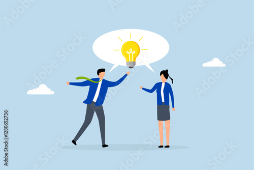 Communicate idea in business discussion, businessman and woman coworker talking speech bubble with lightbulb idea.