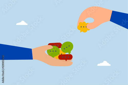 Collect feedback, businessman hand giving speech bubble feedback, opinion to manager.