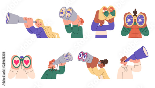 Binoculars look. Search icon. People looking in spyglasses. Heart-shape glasses. Characters see around. Hands holding eyeglasses. App love dating. Men or women with telescopes. Observation vector set