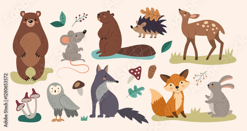 Animal forest. Mouse, fox and wolf, cute bear, deer, adorable owl and rabbit. Autumn zoo, nature. Cute cartoon isolated illustration. Kids graphic of wildlife. Childish decorative. Vector biology