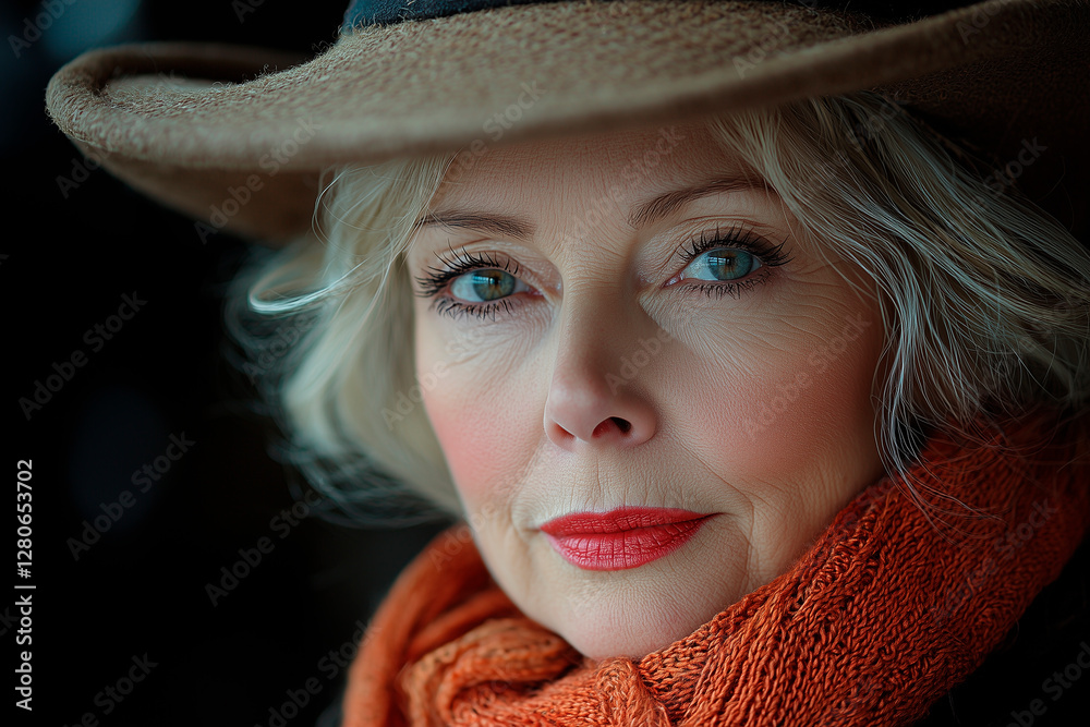 woman, round face, blonde 50 years old in a hat with a veil woman, round face, blonde 50 years old in a hat with a veil