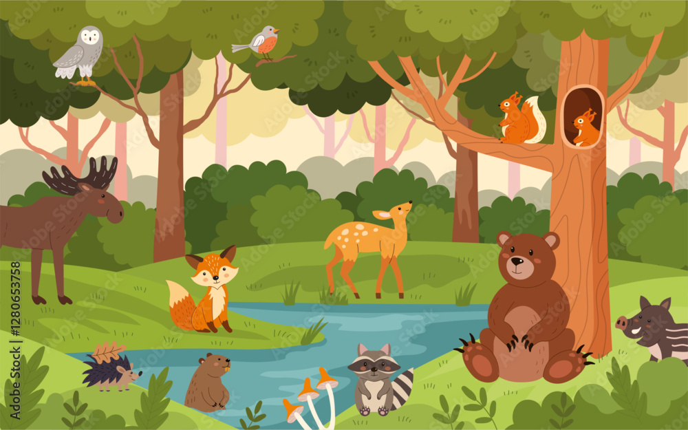 Animal forest cartoon. Cute woodland illustration. Deer, bear, cute fox and squirrel. Child background of nature with trees and river. Childish poster and banner for nursery, vector kids landscape