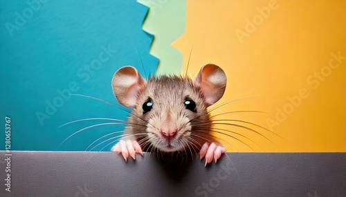 Mouse peeking over a colorful background with vibrant hues in a playful moment photo