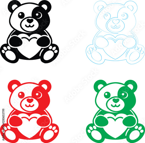 Cute teddy bear icons, simple line drawings, heart-shaped belly, black white red green blue colors, minimalist design, kawaii style, vector graphics, children's illustration, stuffed animal outlines, 