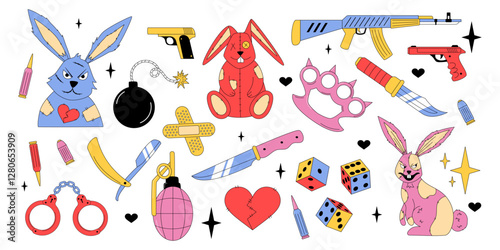 Crazy rabbit. Y2K patch character. Funny toy. Goth comic. Bunny with love heart. Cartoon hare. Crime gangster. Angry plush animal. Gun and knife. Retro sticker doodle set. Vector garish illustration