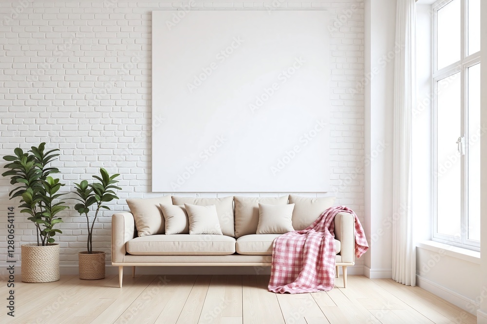 Obraz premium Modern living room with white brick wall beige sofa and potted plants