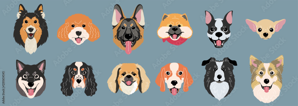 Naklejka premium Dog face. Domestic animal quirky. Icon puppy shape, character stray. Flat pet different breed element, cute head design. Graphic doodle canine illustration. Veterinary symbol. Vector cartoon set