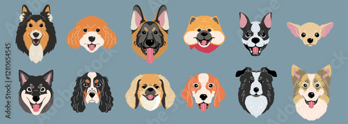 Dog face. Domestic animal quirky. Icon puppy shape, character stray. Flat pet different breed element, cute head design. Graphic doodle canine illustration. Veterinary symbol. Vector cartoon set