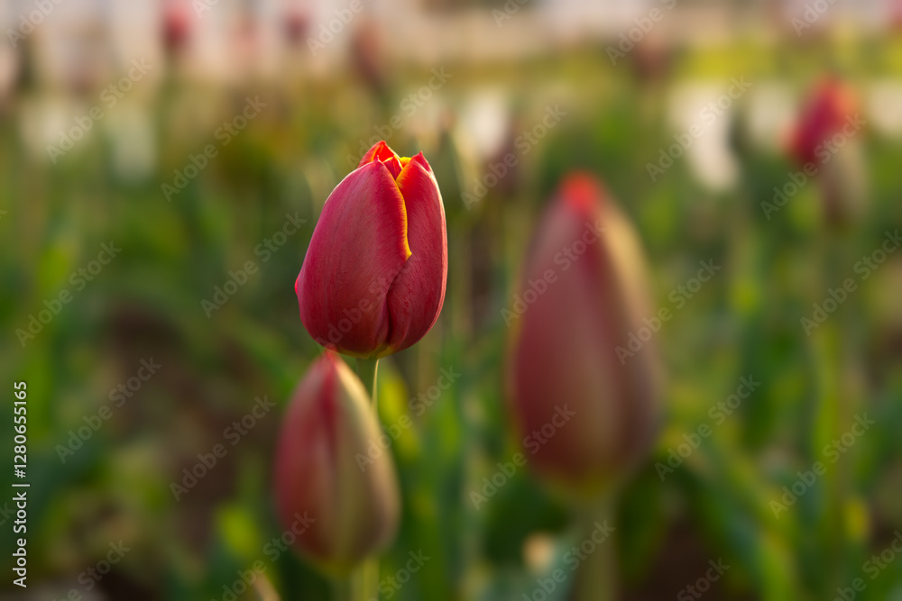 Red tulip bright sunlight. Beautiful spring flower background. Fragrant tulips bloom close-up in the garden. Soft focus and warm lighting. Blurred background with a space for text. Macro, copy space Red tulip bright sunlight. Beautiful spring flower background. Fragrant tulips bloom close-up in the garden. Soft focus and warm lighting. Blurred background with a space for text. Macro, copy space