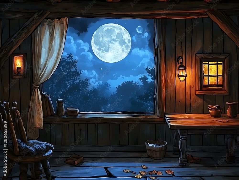 Obraz premium Moonlit cabin interior, night scene