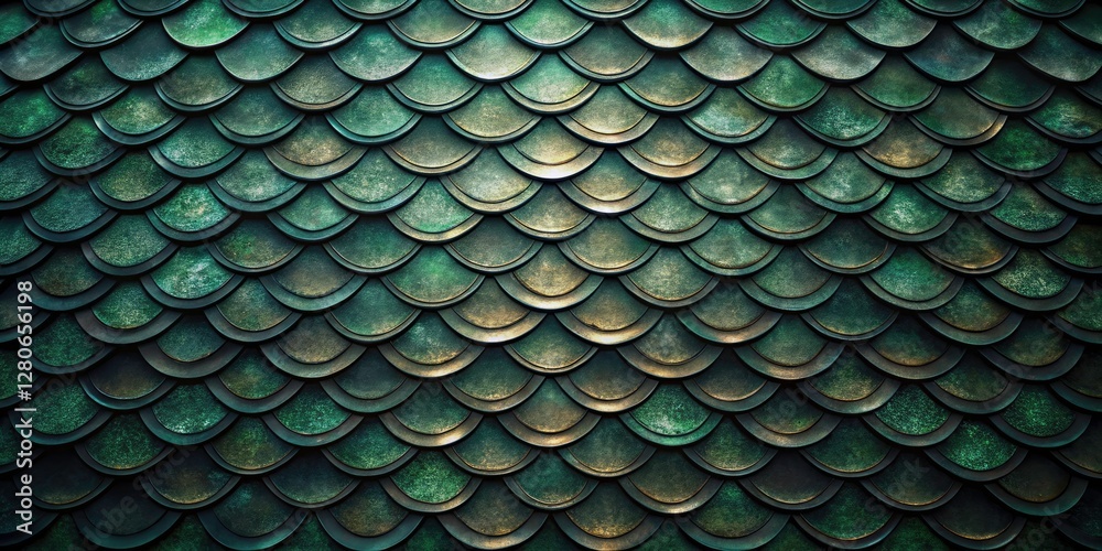 Abstract background of dark green, scaly texture. Low light enhances the squama pattern, reminiscent of roof tiles. Abstract background of dark green, scaly texture. Low light enhances the squama pattern, reminiscent of roof tiles.